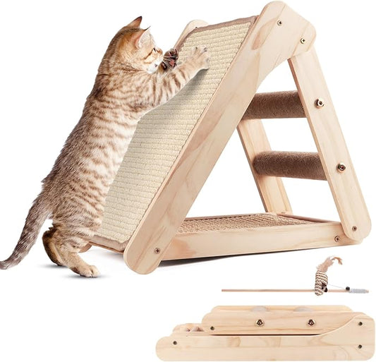 Sisal Cat Scratcher Board,Triangular Cat Scratch Ramp with Climbing Ladder,Wooden Scratching Board with 2 pcs Sisal Pad for Kittens and Small Animals Indoor Use