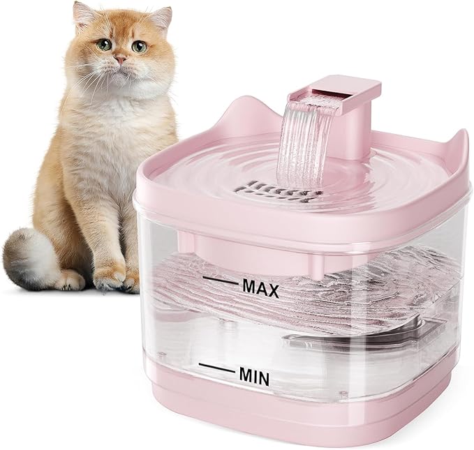Cat Water Fountain - Quiet Pet Lndoor Water Bowl Dispenser 54oz/1.6L with Replacement Multi-Filtration(2 pcs Filters) Detachable Design Easy Cleaning - Fresh and Clean Water for Pets (Pink)