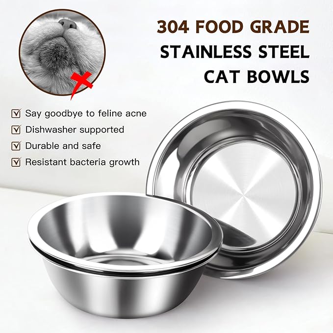 Elevated Cat Food Bowl, 3 Stainless Steel Raised Cat Bowls with Stand, 15°Tilted Cats Bowl for Indoor Cats, Pet Food and Water Bowl Set, Anti Vomitting, Whisker Fatigue and Dishwasher Safe - Black