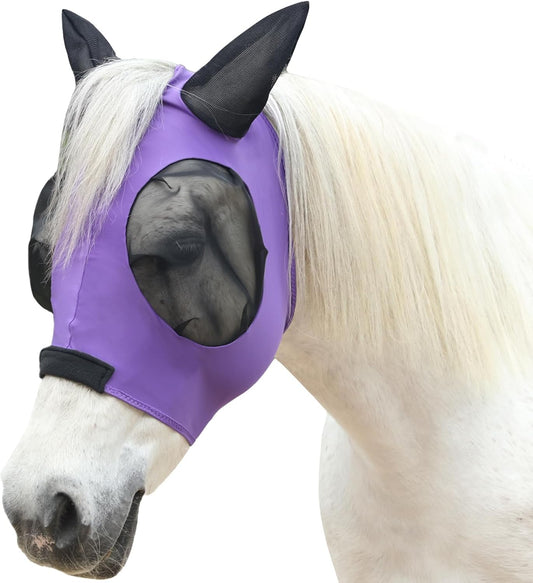 Horse Fly Mask with Ears - Large Eye Space for Full Vision, Breathable Stretch Comfort Fit, UV Protection, Forelock Opening, Easy Pull-On Violet Cob