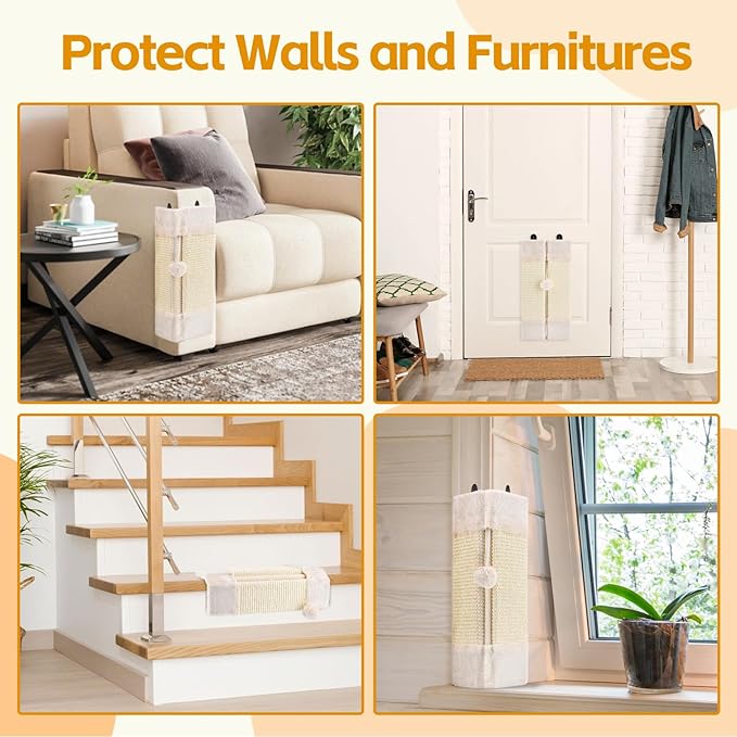 Wall Corner Cat Scratcher for Indoor Cats- Wall Mounted Sisal Scratching Pad with Hanging Ball - Vertical Corner Wall Mount Scratch Panel, Protector for Wall Corner