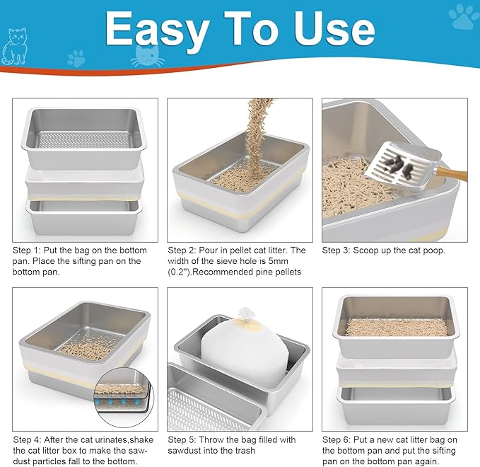 Stainless Steel Sifting Litter Box,Metal Sifting Cat Litter Box for Wood Pine Pellets,Medium Sifter Litter Pan System for Small Cats,Odor Control,Easy to Clean,with Litter Boxes Liners and Metal Scoop