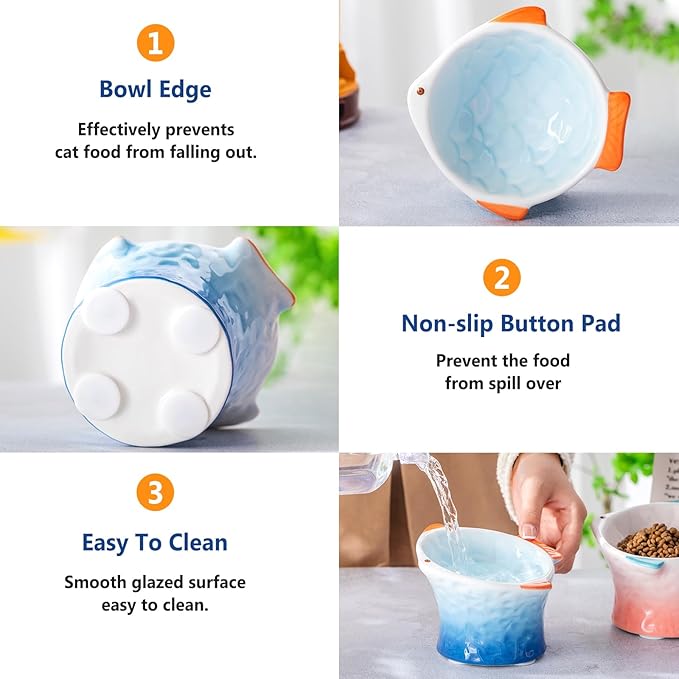 Tioncy 2 Pcs Raised Tilted Ceramic Cat Food Bowl Fish Shape Cute Elevated Slanted Shallow Angled Cat Dish Non Slip Feeder Bowl for Anti-Vomiting and Whisker Fatigue(Blue, Green)