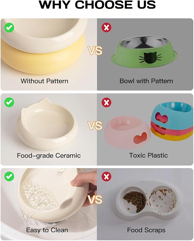 Cat Bowl, Ceramic Cat Bowls Food and Water Bowl Set, Whisker Friendly Cute Kitten Food Bowls for Protecting Pet's Spine, Beige & Yellow