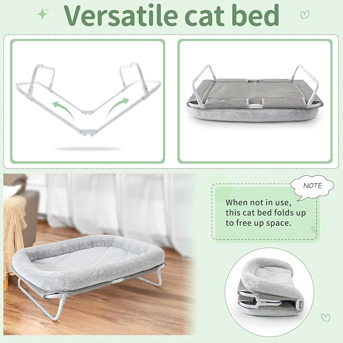 Sunhoo Elevated Cat Bed Foldable Raised Pet Hammock Self-Supporting Puppy Lounger with Off Floor Metal Frame Washable Cover for Small Dog Kitten Indoor Use 25.2x15.75x7.48 in（Grey）