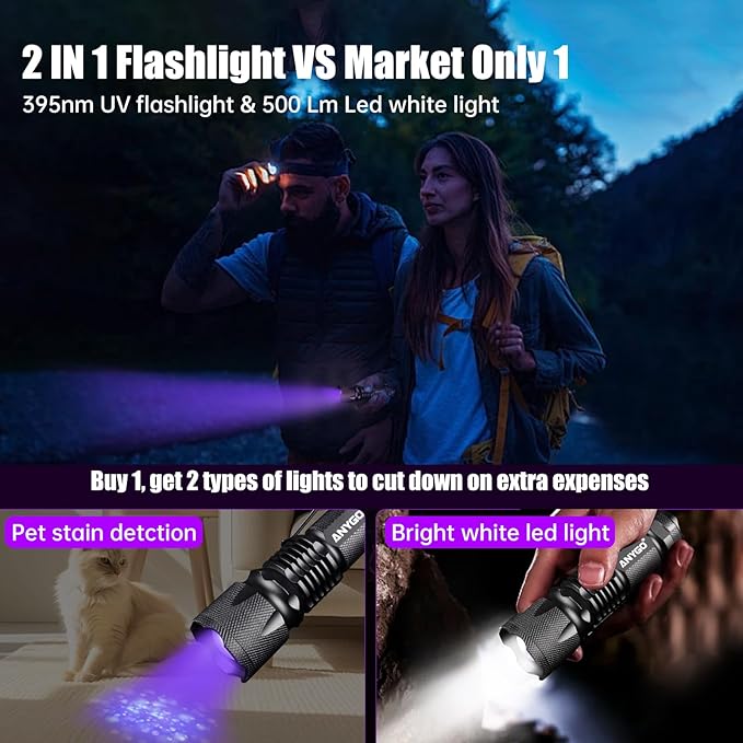 2-in-1 Black Light & White LED Flashlight, 395 nM UV Flashlight with Clip, 500Lm White LED Zoomable Tactical Flashlight, 4 Modes, IP55, UV Black Light for Pet Urine Detection, Resin Curing & Scorpions