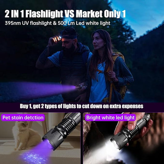 2-in-1 Black Light & White LED Flashlight, 395 nM UV Flashlight with Clip, 500Lm White LED Zoomable Tactical Flashlight, 4 Modes, IP55, UV Black Light for Pet Urine Detection, Resin Curing & Scorpions