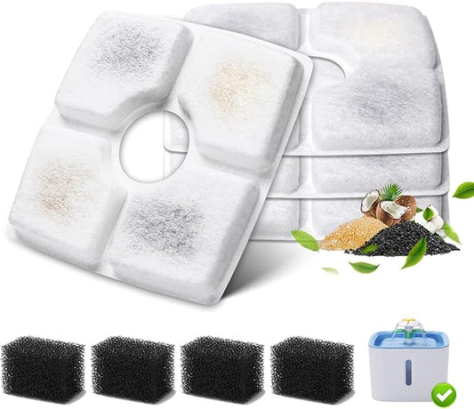 4-Pack Cat Water Fountain Filter Replacement & 4-Pack Pre-Filter Sponges for Square 84oz/2.5L Automatic Cat Fountain Dog Water Dispenser, Triple Filtration System Activated Carbon for Pet Fountain