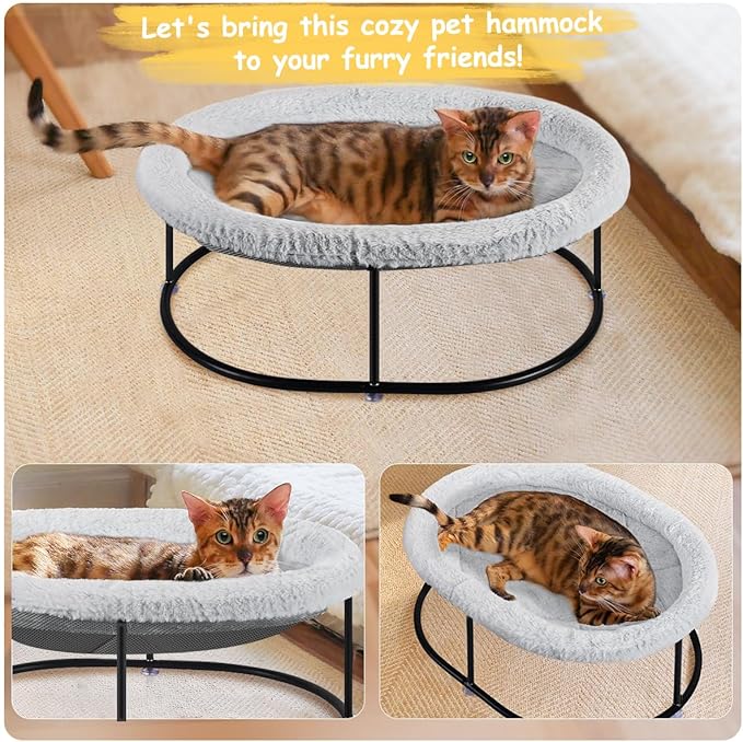Elevated Cat Hammock Bed, Fluffy Warm Cuddle Bed with Detachable Pad, Raised Cuddler for Kittens, Small Dogs, Oval Grey