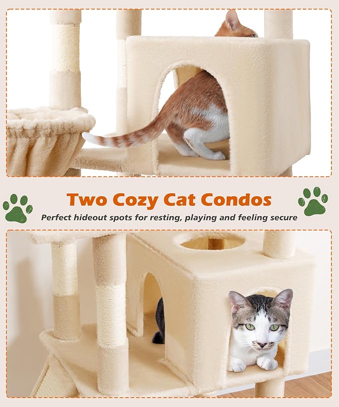 AMHANCIBLE Large Cat Tree, 83 Inch Multi-Level Tall Tower for Indoor Adult Cats, with Scratching Post and Board, Hammock, Condos, Hanging Basket, Activity Center to Play and Sleep, Beige, PT21BG