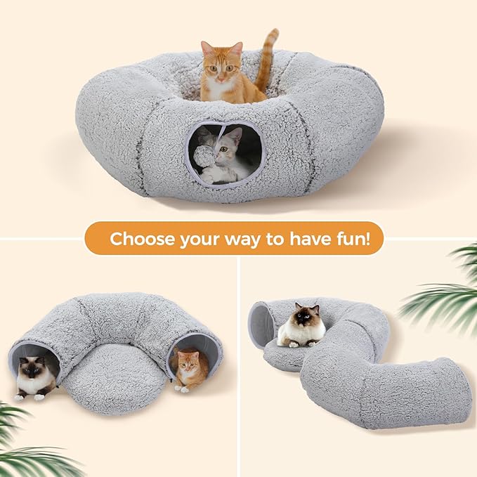 PEQULTI Cat Tunnel with Bed for Indoor Cats, Cat Play Donut Tunnel with Washable Soft Plush Mat, Round Cat Tunnel Toys Cute Cat Tube for Kittens, Puppies, Rabbits and Ferrets, Grey