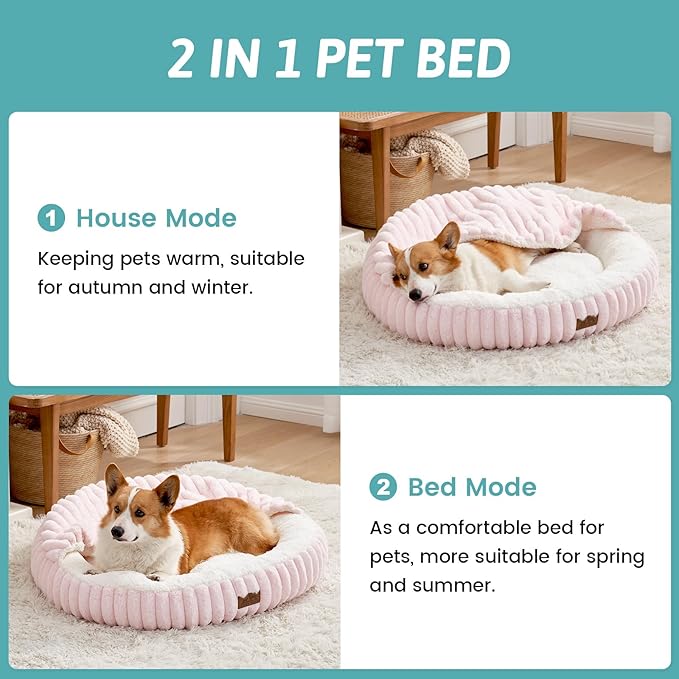 Dog Bed with Hooded Blanket, Round Fluffy Anti-Anxiety Pet Bed for Medium Dogs & Large Dogs, Cozy Donut Cuddler with Machine Washable Faux Fur & Anti-Slip Bottom(35"×35"×7",Pink)