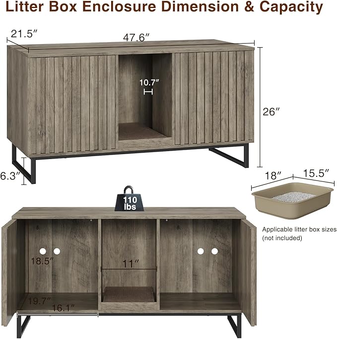 Cat Litter Box Enclosure for 2 Cats, 47.6’’ Litter Box Furniture Hidden with Scratch Pad, Double Room Large Cat Cabinet, Indoor Pet House TV Stand Side Table,Washroom,Grey