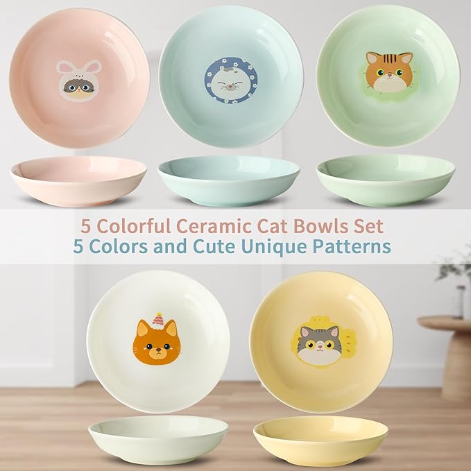 Ceramic Cat Bowls Set - 5.5 inch Cat Food Bowls Whisker Fatigue Friendly, 5 Wide Cats Plates for Wet Food Dry Food Water