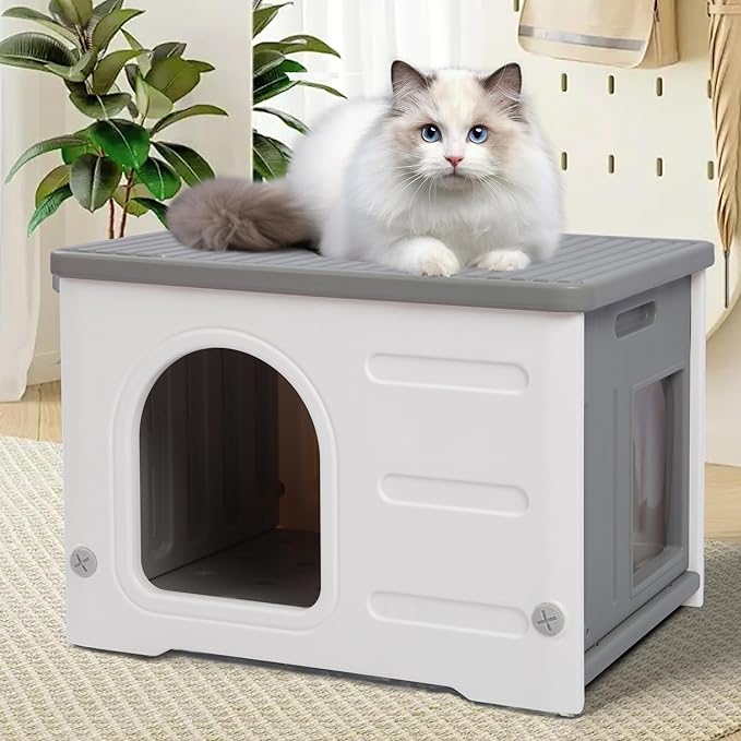 Hicaptain Cat Houses for Indoor Cats with Escape Door Plastic Outdoor Cat House Puppy Feral Cat Shelter for Small Medium Pets-Grey