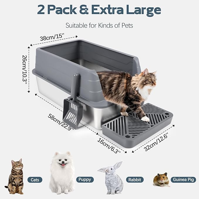 2 Pack Stainless Steel Litter Box, XL 22.9”x15”x 10.3” High Sided Metal Cat Litter Tray with Scoop, Filter Pedal for Anti-Splash, Odor-Free, Non-Sticky, Easy to Clean (Dark Grey&Light Grey)