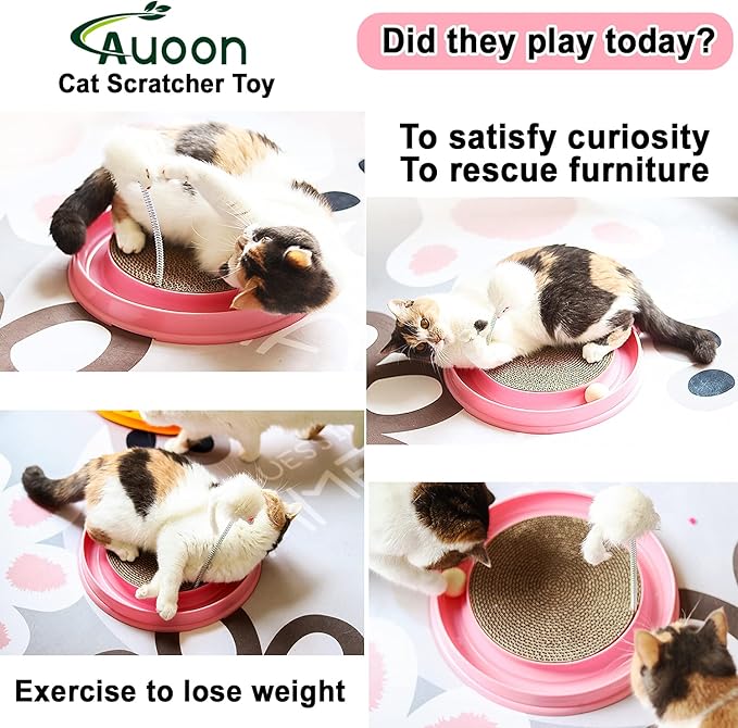 AUOON Cat Scratcher Toy - Cat Scratch Pad with Cat Toy Ball Track and Plush Mouse Toy for Indoor Cats and Kittens (Milk Shake)
