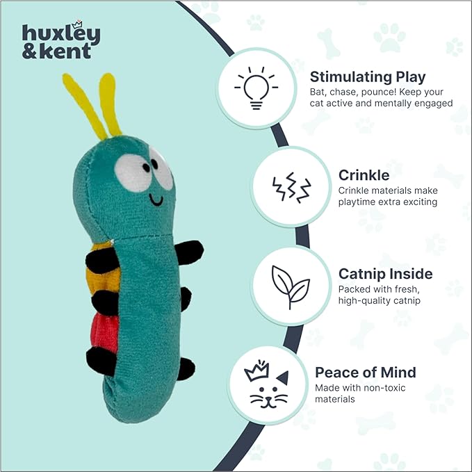 Huxley & Kent Plush Cat Toy - Interactive Catnip Toy for Cats & Kittens - Soft Kitty Toys with Crinkle & Catnip - Fun Indoor Play - Caterpillar