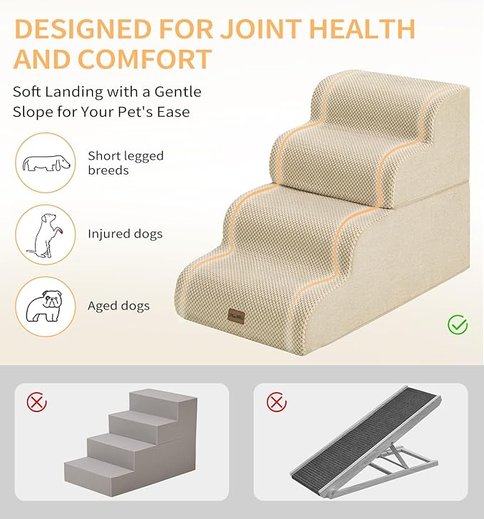 Made4Pets Dog Stairs Ramp for Bed, 4-Step Dog Steps for High Bed Couch Sofa Climbing, 35D Foam Pet Steps for Small Dogs and Cats, Non-Slip Bottom Pet Stairs, Beige