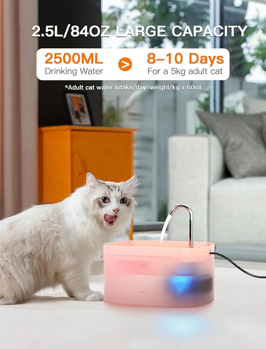 Cat Water Fountain, 84OZ/2.5L Cat Fountain, Super Silent Pet Water Fountain, Activated Carbon Filter, Translucent Pet Water Dispenser Suitable for Multiple Pets Family (Pink+4Filters+4Sponges)