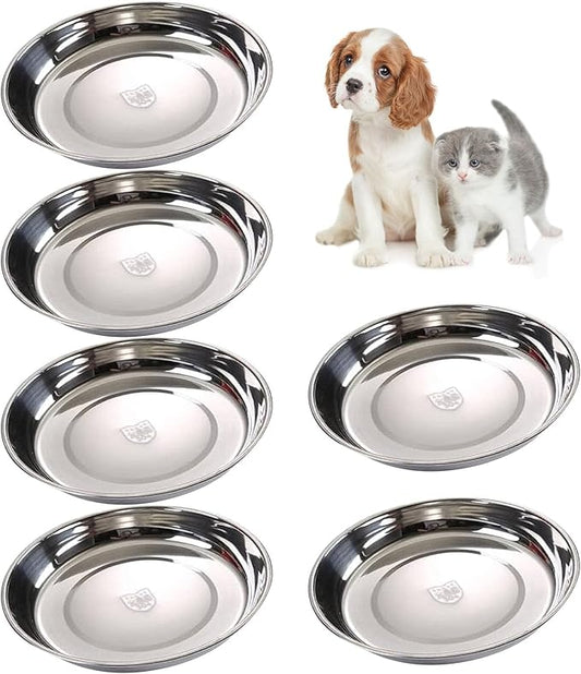 6 PCS Stainless Steel Cat Bowls, 5.5" Dia Shallow Cats Water Food Dish Replacement Whisker Fatigue Relief Plate Stackable Metal Pet Feeding Bowl Basic Bulk for Puppy Dogs Elevated Stand