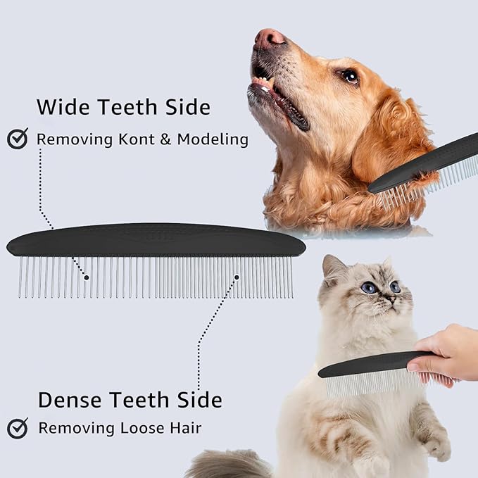 YINGFAN Dog Comb, Stainless Steel Dematting Comb for Dogs and Cats, Non-Slip Handle Dog Combs for Grooming Matting (Black)