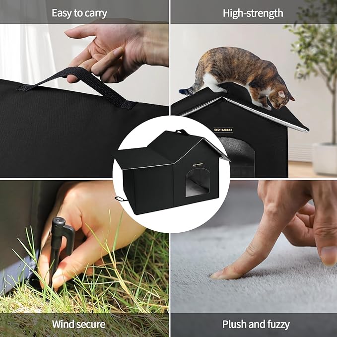 Rest-Eazzzy Cat House for Indoor and Outdoor in Summer,Feral Cat House Insulated with Mat,Clip and portable handle,Weatherproof and easy Installation,Bed for Kitten and Puppie,Never Blow Away(Black,M)