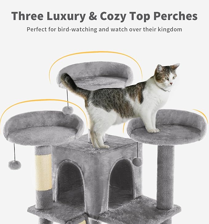 Made4Pets Tall Cat Tree, 80" Cat Tree Tower for Indoor Cats Large Adult, Modern Cat Tower with Scratching Post, Cozy Hammock, 3 Perches and 2 Condos, Sturdy and Fluffy, Light Gray