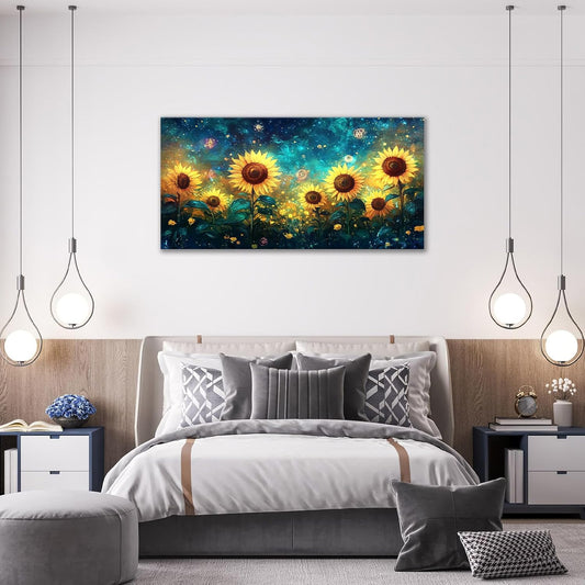 Quorin Sunflower Large Wall Art Starry Night Sky Pictures Sunflower Fields Wall Decor Canvas Print Painting Artwork for Bathroom Living Room Bedroom 30"x60"