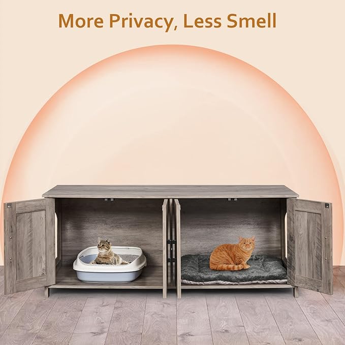 Homhedy Cat Litter Box Enclosure for 2 Cats, Litter Box Furniture Hidden with Double Room,Wooden Cat Washroom Furniture,Cat House,47.2”L x 19.7”W x 19.7”H,Greige