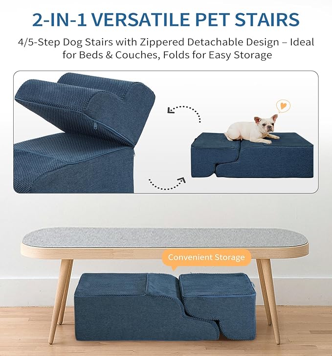 Made4Pets Dog Stairs Ramp for High Bed, 5-Step Pet Stairs for Bed Couch Sofa Climbing, 35D Foam Pet Steps for Small Dogs and Cats, Non-Slip Bottom Dog Steps, Navy
