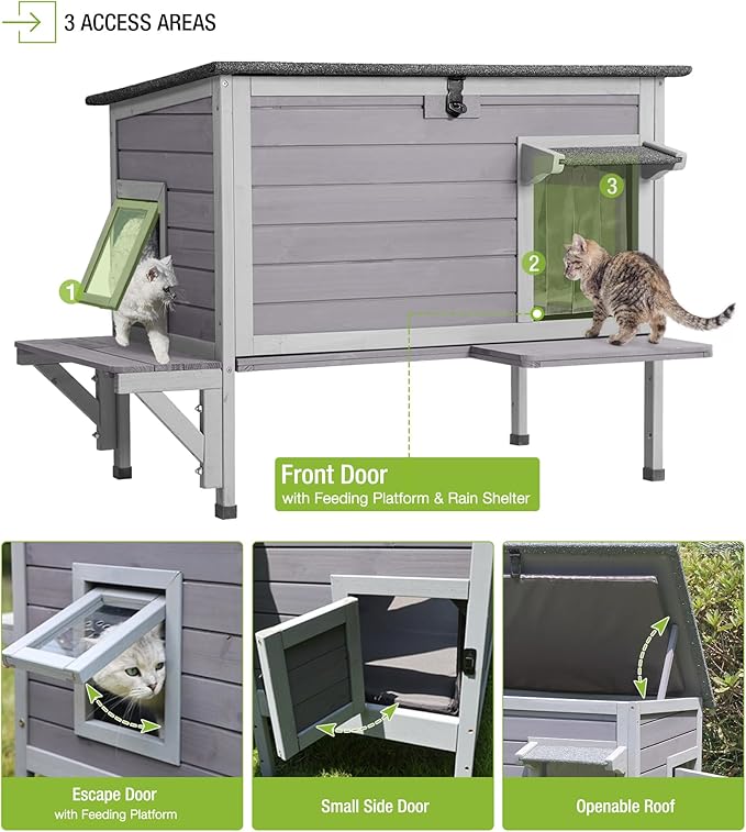 GUTINNEEN Insulated Outdoor Cat House with 0.78" Thick Liner - 6-Side All-Around Insulation, 3 Escape Doors & Elevated Moisture-Proof Base - Weatherproof Feral Cat Shelter