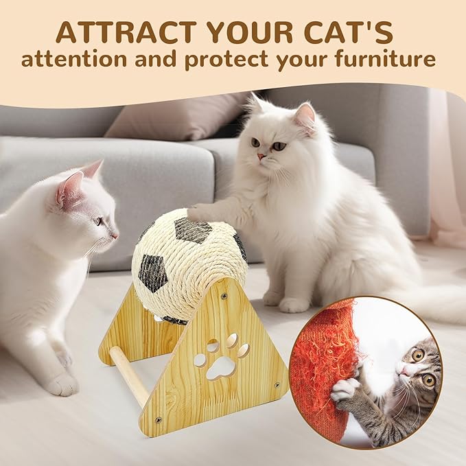 Durable Spinning Cat Ball Interactive Exercise Toy, Natural Sisal Cat Scratching Ball with Stable Stand, Cat Scratcher Toy for Cats & Kittens