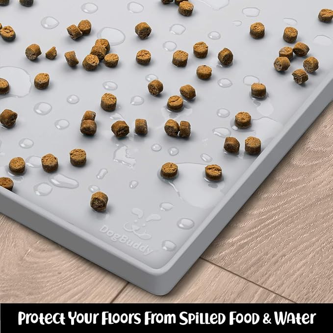 DogBuddy Dog Food Mat – Waterproof Dog Bowl Mat for Food and Water, Silicone Pet Feeding Mats for Floors, Non-Slip Placemat with High Edges for Dogs Bowls, Puppy Essentials (XS: 11" x 11", Mist)