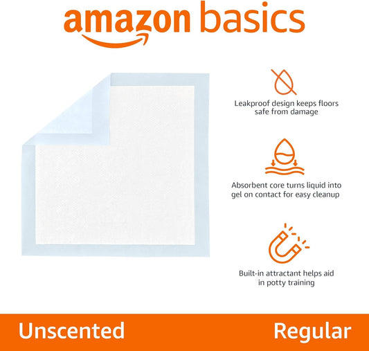 Amazon Basics Dog and Puppy Pee Pads, 5-Layer Leak-Proof Super Absorbent, Quick-Dry Surface, Potty Training, Regular (22x22"), 50 Count, Blue & White