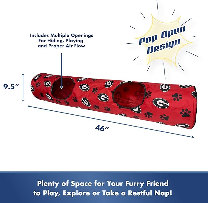 NCAA Georgia Bulldogs Cat Tunnel Tube Toy with Plush Football Catnip and Feathers