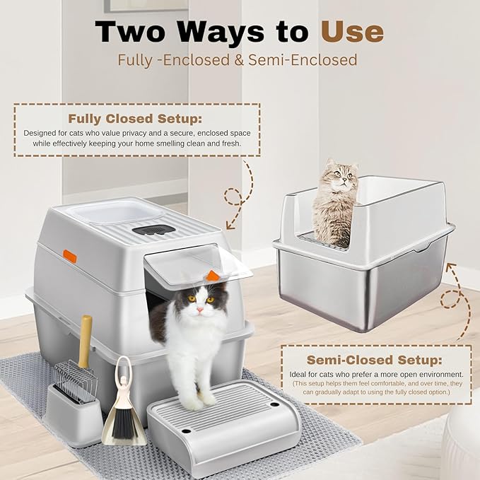 Fully Enclosed XXL Stainless Steel Litter Box with Lid, 8” Deep Pan, Large Stainless Steel Cat Litter Box for Big Cat with Scoop, Step Board, Mat, Brush, Odor-Free, Anti-Leak, Non-Stick (Light Gray)