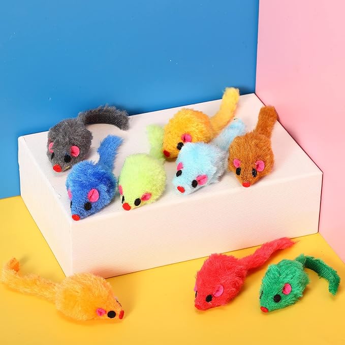 120 Pcs Rainbow Furry Cat Mouse Toys Interactive Rattle Cat Toy Mice Small Soft Rustle Sound Kitten Toys for Pets Cat Puppy Kittens Play, Assorted Colors