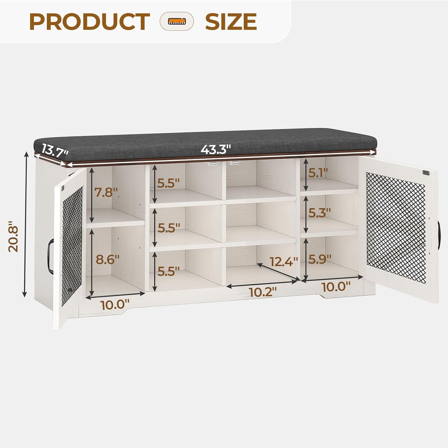 Farmhouse Storage Bench with Cushion, Metal and Wood Shoe Rack Organizer, Adjustable Shelf, Shoe Cabinet with Half Hidden Storage Space, for Entryway, Bedroom, Living Room (Old White, 43.3in)