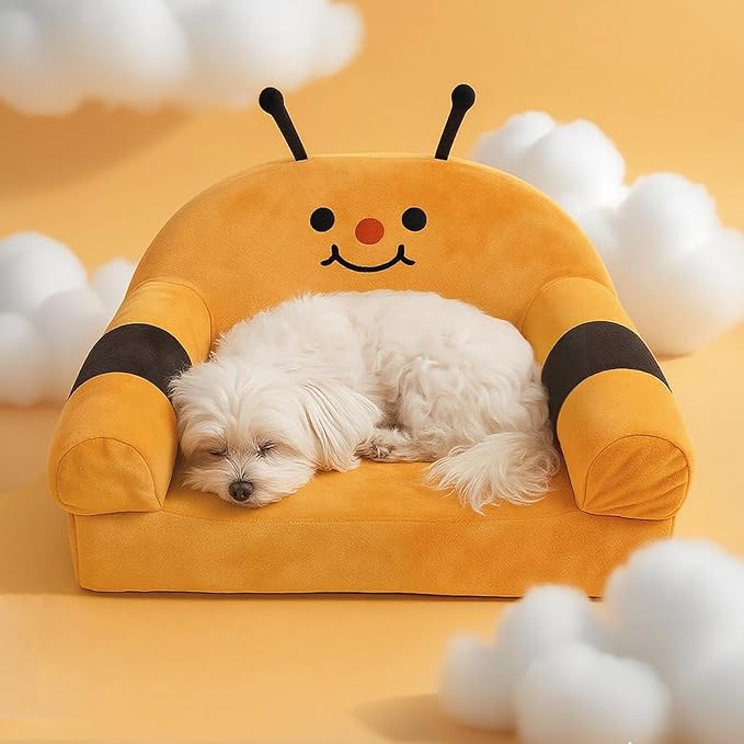 Cute Cat Couch with Soft Pillow, Supportive Dog Couch, Cat Sofa with Removable Cover，Cute Bee Shaped, 24 Inch