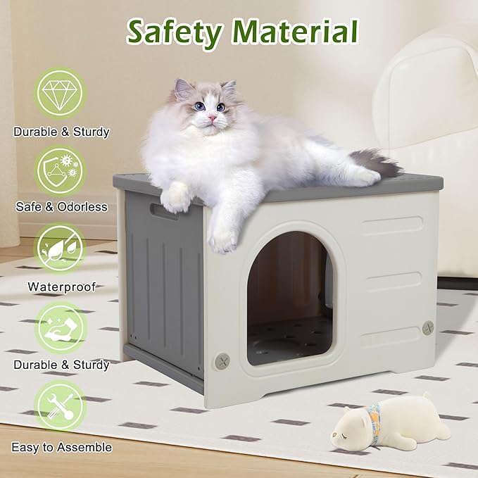 Deblue Plastic Cat House for Indoor & Outdoor, Waterproof Feral Cat House with Escape Door, Sturdy Pet Shelter for Cats, Puppy, Rabbit, Easy to Assemble and Clean-Grey