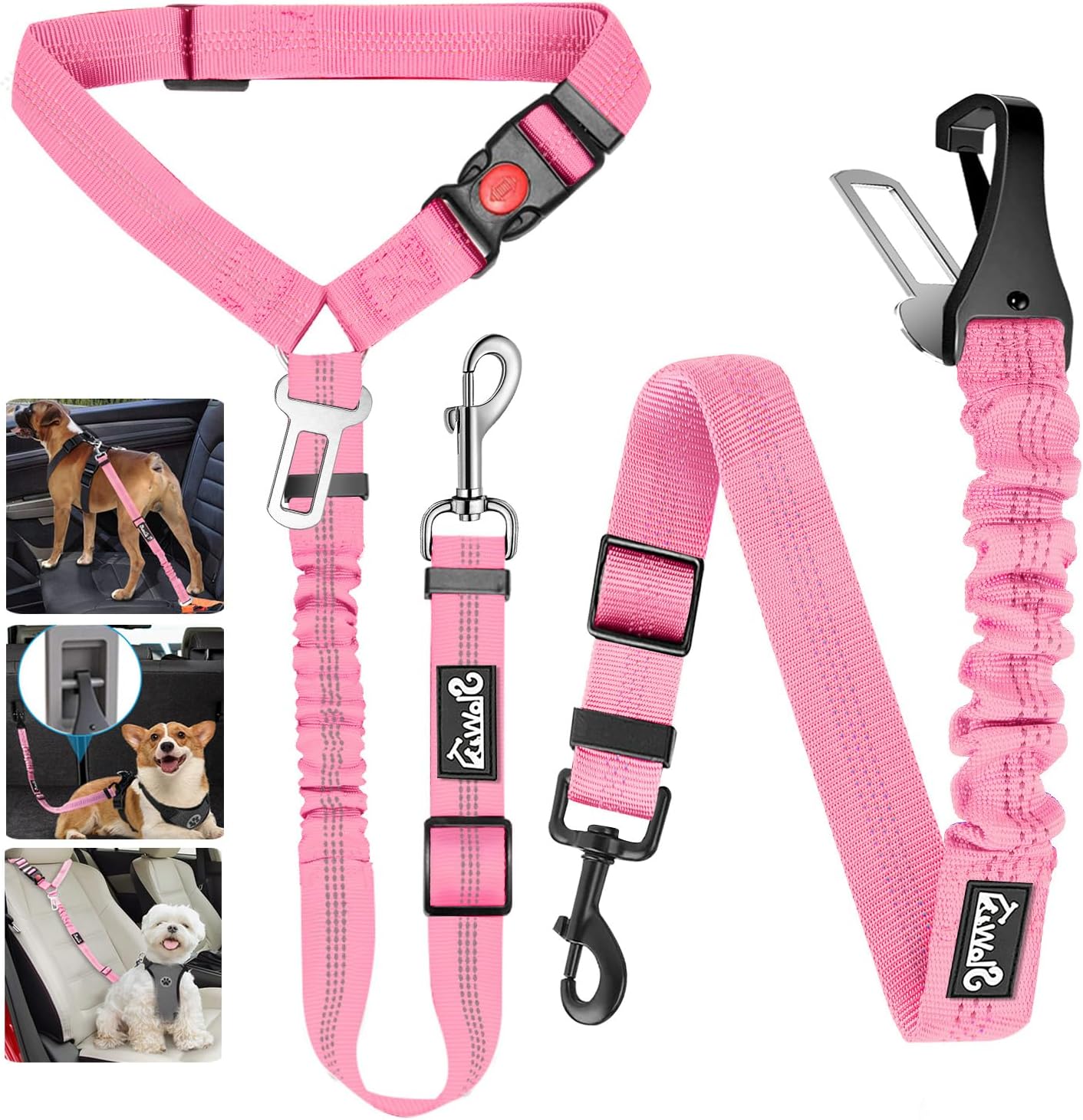 Lukovee Dog Seatbelt Leash for Cars, 2 Pack Pet Safety Seat Belt with Adjustable Buckle & Reflective Bungee, Connect Dog Harness in Vehicle Dogs Restraint Travel Daily Use (Pink)