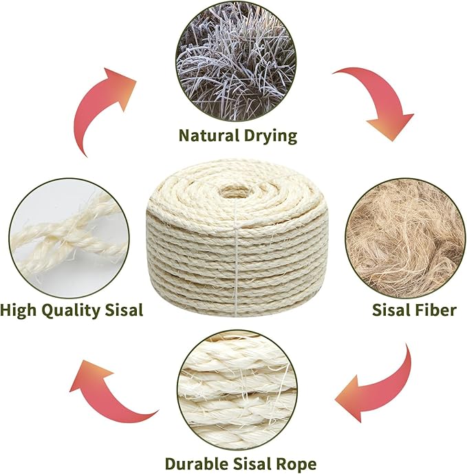 Natural Sisal Rope 8mm 98-Feet for Cat Scratching Post Tree Tower Replacement Repair and Replace, DIY Hemp Twine Rope for Cat Scratching Furniture Window Perch and Crafts Gardening Home Decorating