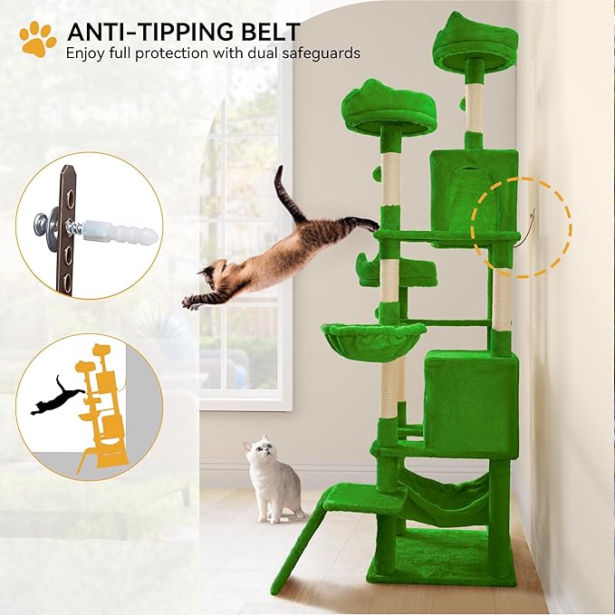 YITAHOME Tall Cat Tree for Indoor Cats, 75 inch Multi-Level Cat Tower with Cat Condos, Top Perches, Sisal Ramp Scratching Posts, Cozy Basket, Hammocks, Large Cat Pet Activity Structure,Green