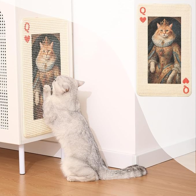 Sisal Cat Scratcher Post Mat (Use on Wall, Couch and Carpet), Shedding-Resistant Scratching Surface - 21.7x13 with Hoop and Loop Adhesives, Pads and Twist Pins (Queen Cat)