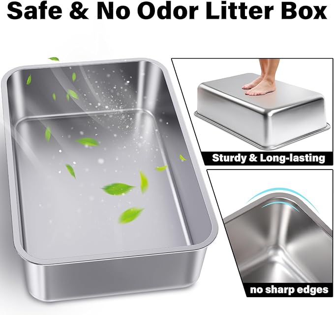 Stainless Steel Litter Box 3 Pack, 23.6" X 15.7" X 6" Extra Large Cat Litterbox No Smell, XL Metal Litter Box for Big Kitty, Multiple Cats, Non Stick, Easy Cleaning