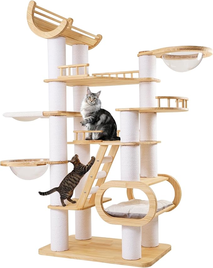 82.6'' Large Maine Coon Cat Tree,Luxury Wooden Cat Tower for Indoor Big Cats Adults 20lbs,XXL Heavy Duty Cat Condo with Big Cat Bed,Hammock,2*Clear Bowl,Platform with Fence,Sisal Ladder,Cat Furniture