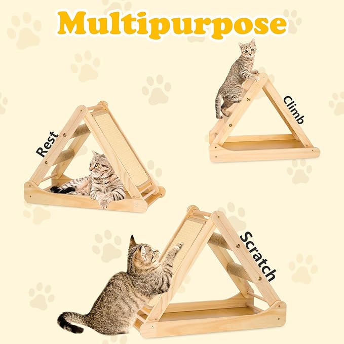 Sisal Cat Scratcher, Foldable Wooden Cat Scratcher and Lounge, Cat Ramp and Cozy Nest for Indoor Cats