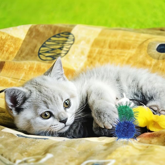 40 Pcs Pom Pom Balls for Kittens Colorful Pompom Balls for Cats Sparkle Ball for Cats Interactive Cat Toy Set for Exercise and Entertainment