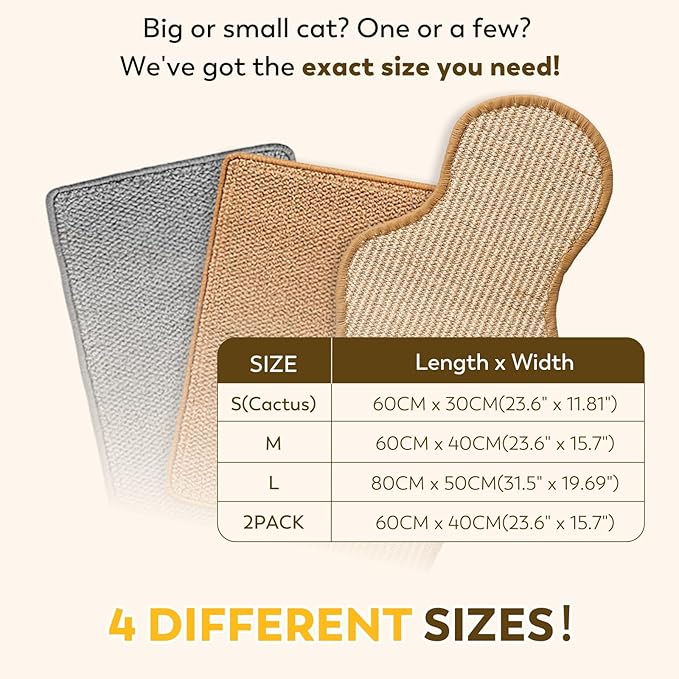 Sisal Cat Scratcher Mat with Sticky Tapes, 23.6" x 11.8" Cat Scratching Carpet for Indoor Cats, Horizontal Cat Scratcher for Cat House, Scratching Posts, and Couch Protection(Cactus)